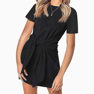 Short Sleeve Black Tie-Waist Dress